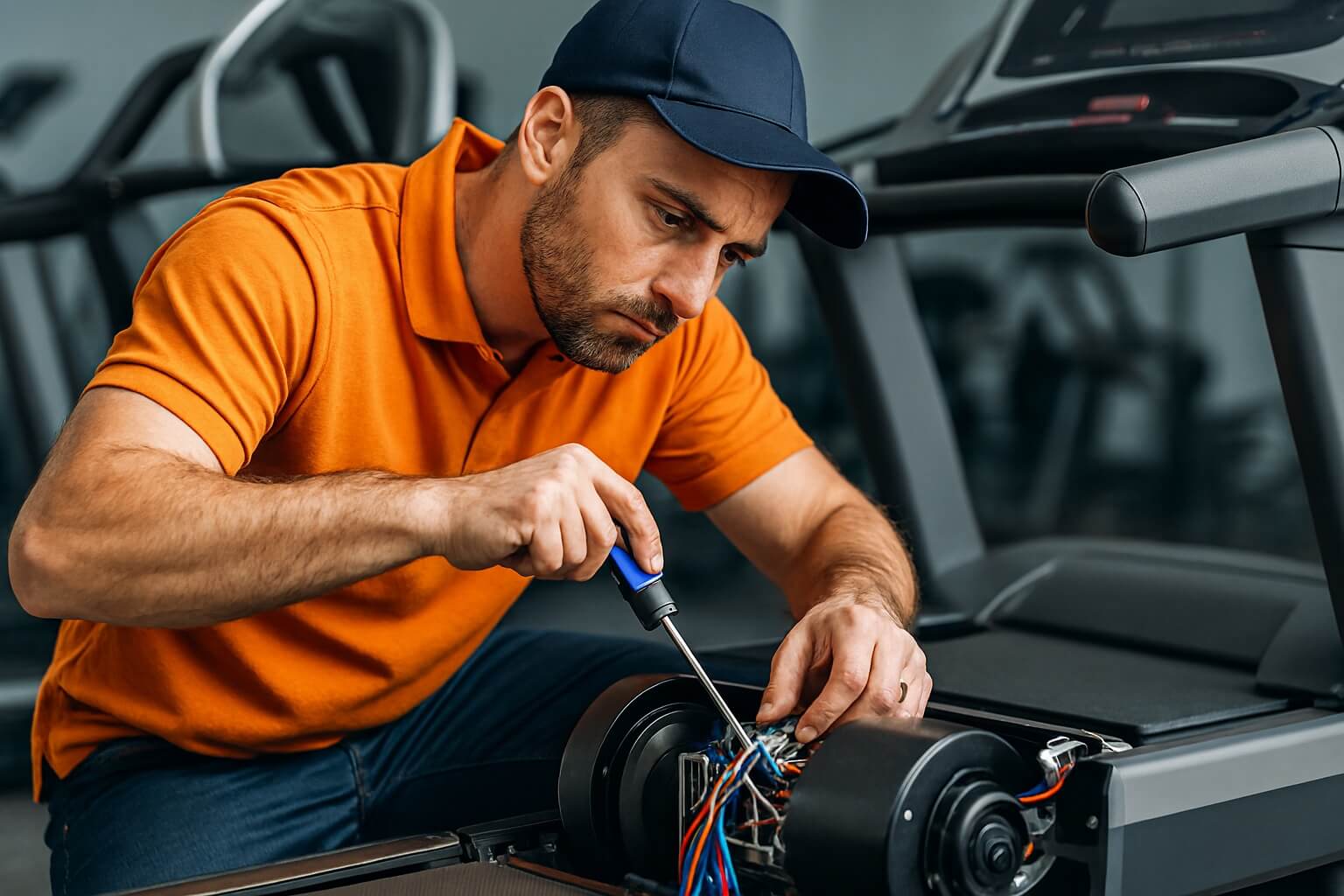 Technician servicing treadmill
