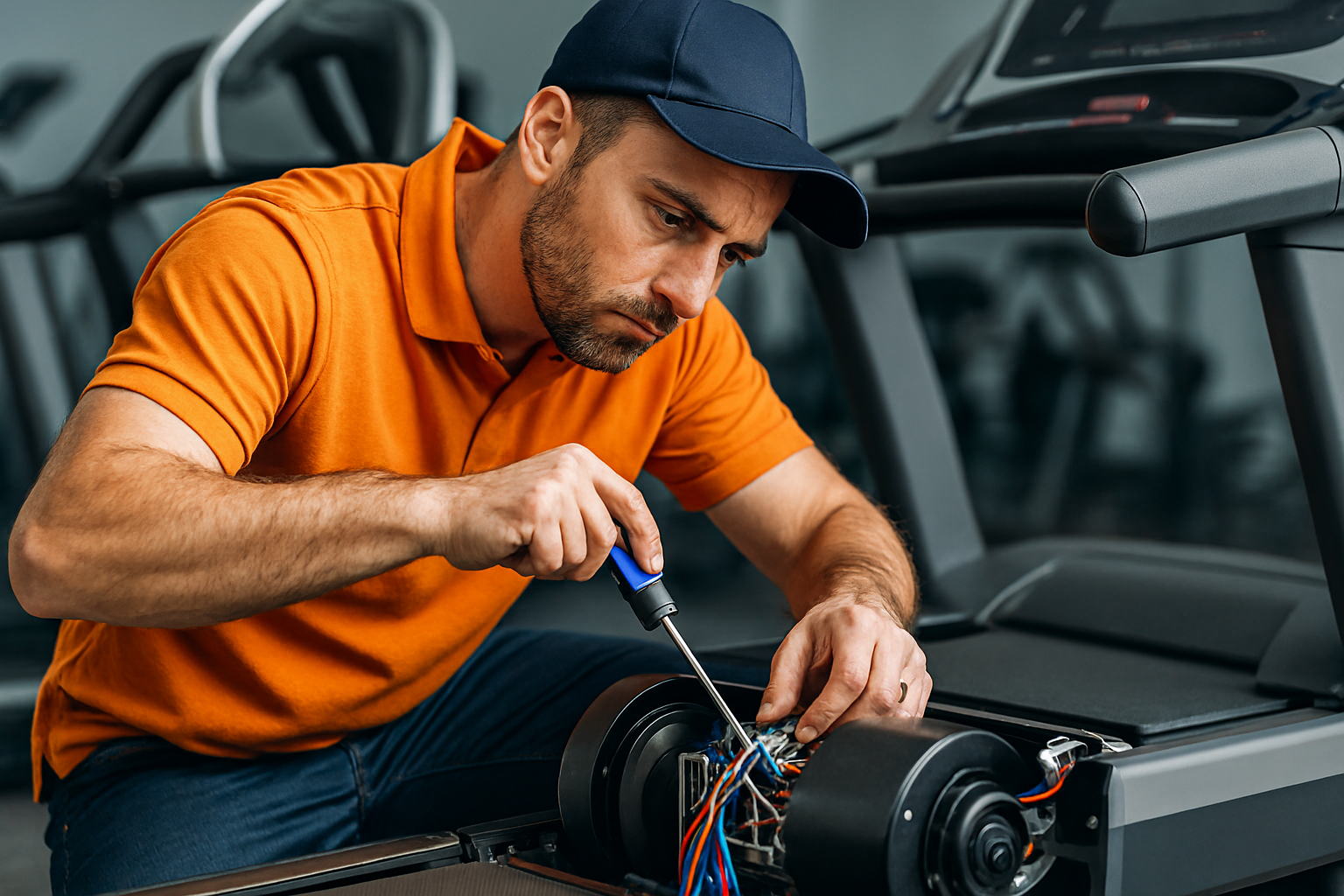 Technician servicing treadmill